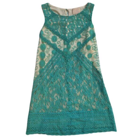 Anthro Champagne and Strawberry Lace Dress Floral Blue Shift Summer Size S - Picture 2 of 9